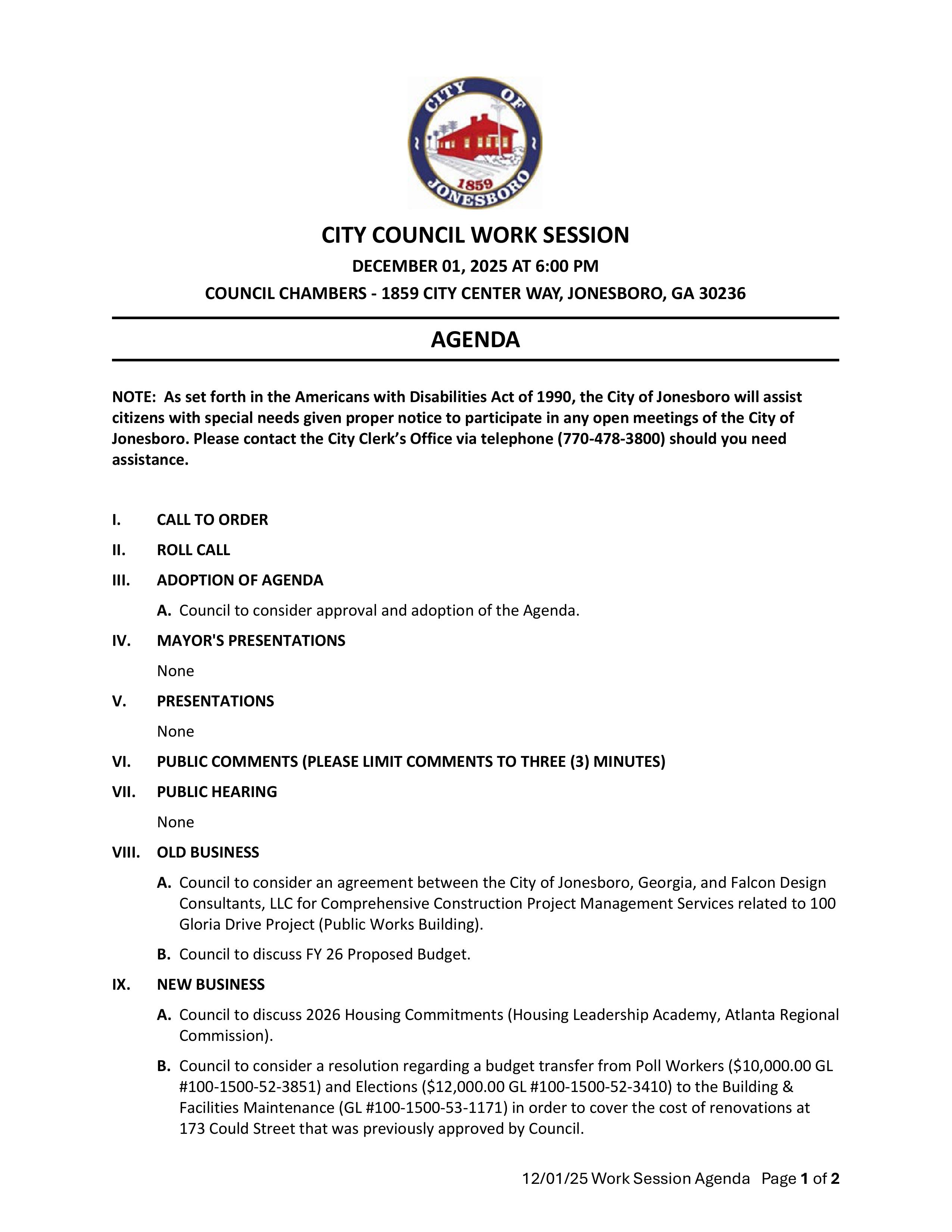 CITY COUNCIL WORK SESSION AGENDA DECEMBER 01, 2025